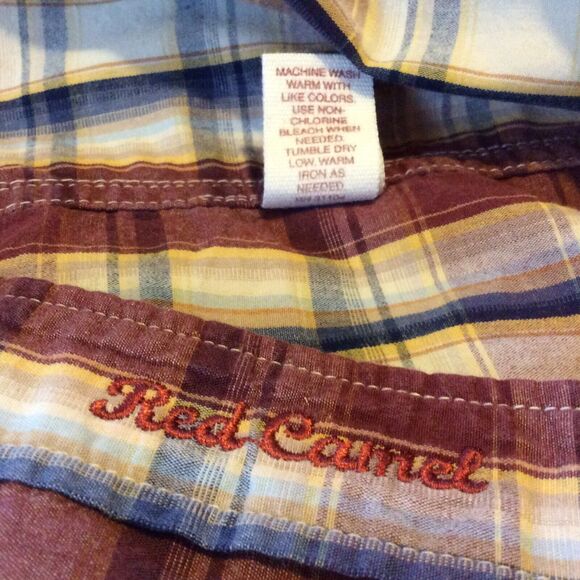 Red Camel Mens Shirt Size Lg Long Sleeve Button Up Brown Plaid Embroidered Logo - Picture 9 of 9